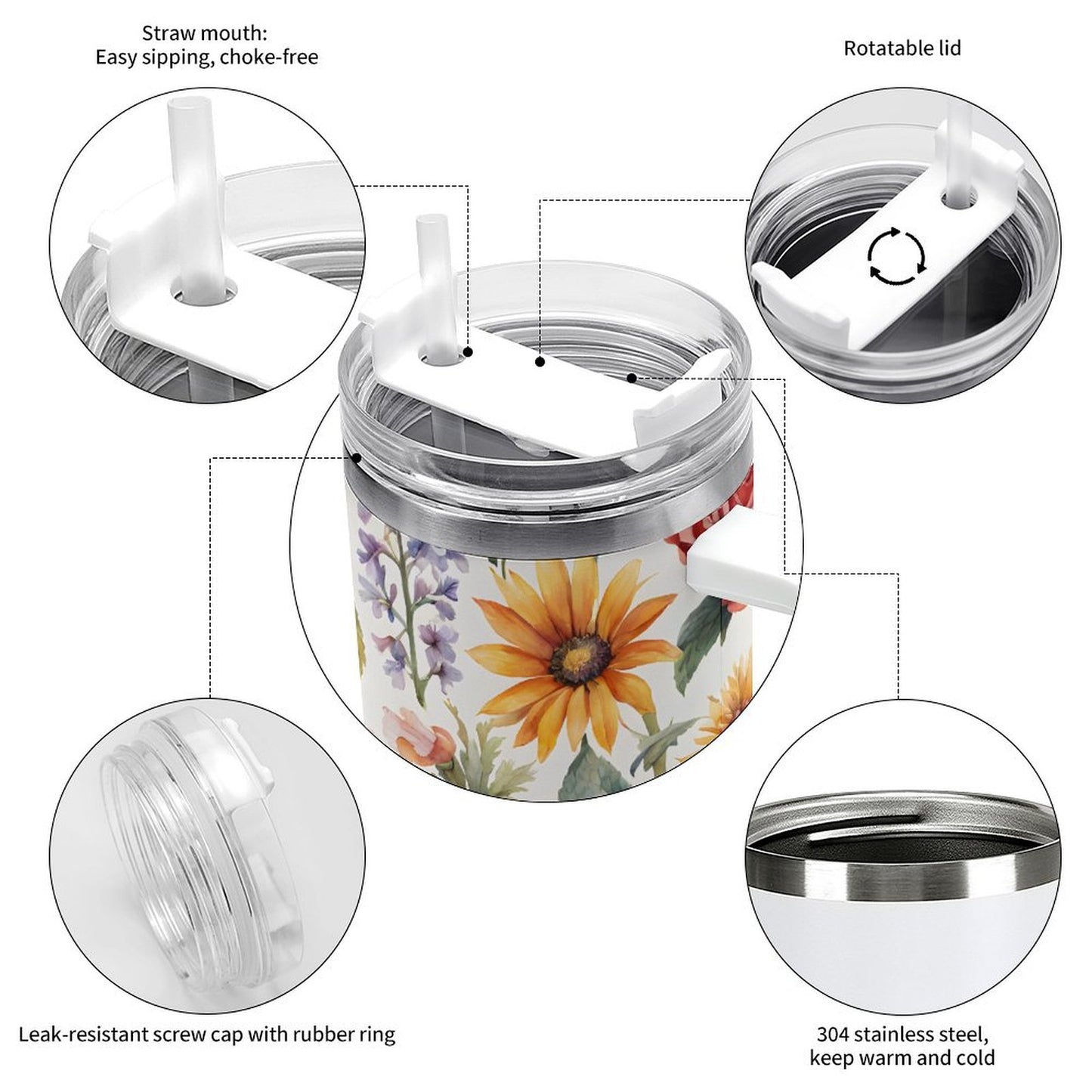 PHDT00048 POD US Local Tumbler 40 oz Large Capacity Car Cup Flowers, Retro