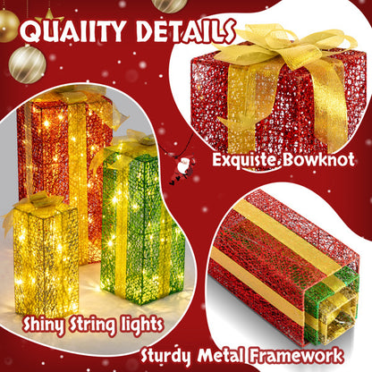 US Local 3pcs 18in-15in-11in Green Gold Christmas Lighting Gift Box