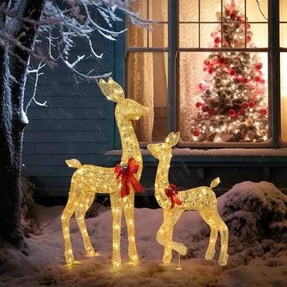 2-Piece Lighted Christmas Deer Family, Outdoor Yard Decoration Set With 210 LEDs Warm White Light, Gold