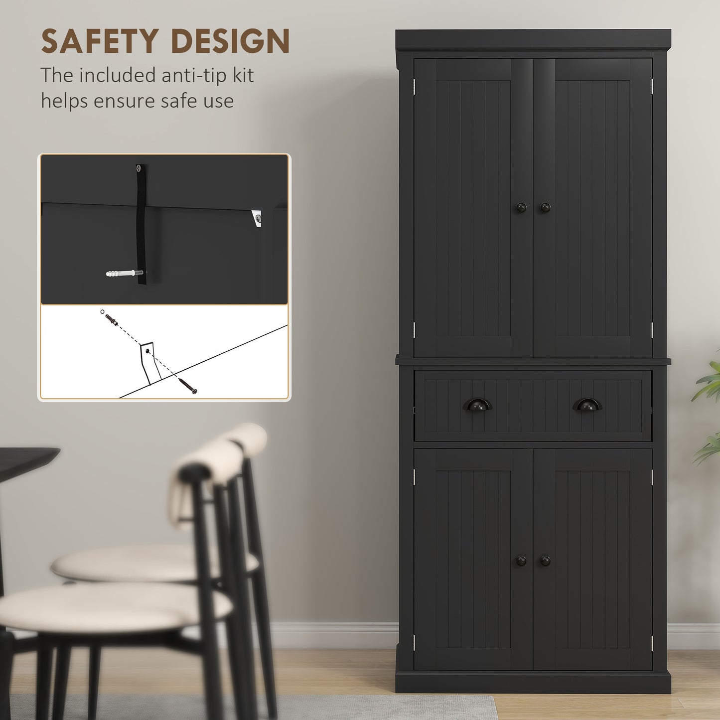 US Local 72 Kitchen Pantry Storage Cabinet, Cupboard With 4 Doors And 3 Adjustable Shelves, Large Central Drawer, Black