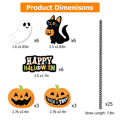 US Local Set Of 25Pcs Halloween Party Striped Decorative Straws Disposable Drinking Straws Paper Straw Decor Happy Halloween Ghost Lantern Black Cat Halloween Party Supplies