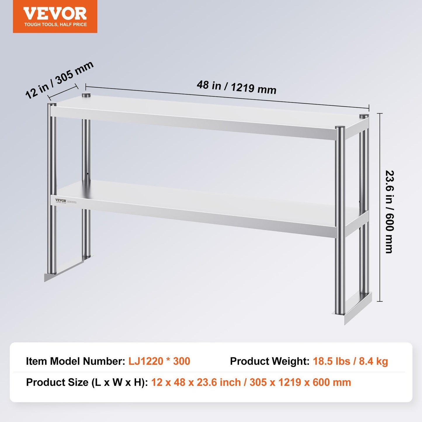 US Local VEVOR Double Overshelf, Double Tier Stainless Steel Overshelf, 12 X 48 Inch Double Deck Overshelf, Height Adjustable Overshelf Prep Work Table For Kitchen, Restaurant And Workshop
