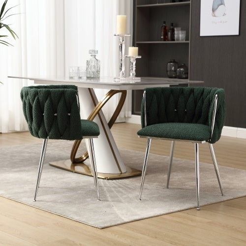 UK Local GOMYWAY Modern Hand Weaving Dining Chairs Set Of 2, Boucle Upholstered Side Chairs With Silver Legs, Kitchen Chairs With Armrest, Accent Chairs, Vanity Chairs For Dining Room Emerald, Set Of 2
