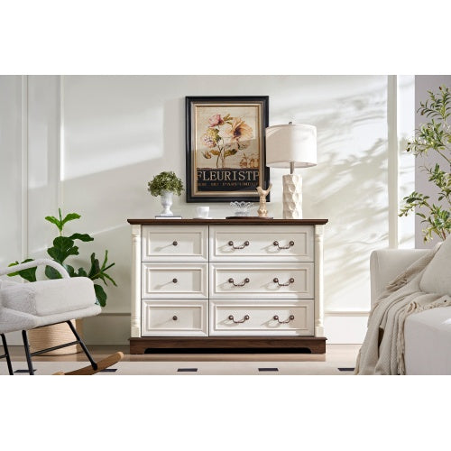 US Local Farmhouse Style 6 Drawer Dresser Chest With Base Wooden Rustic Chest Of Drawers, Storage Dresser Organizer For Bedroom, Living Room, Beautiful Sturdy And Durable