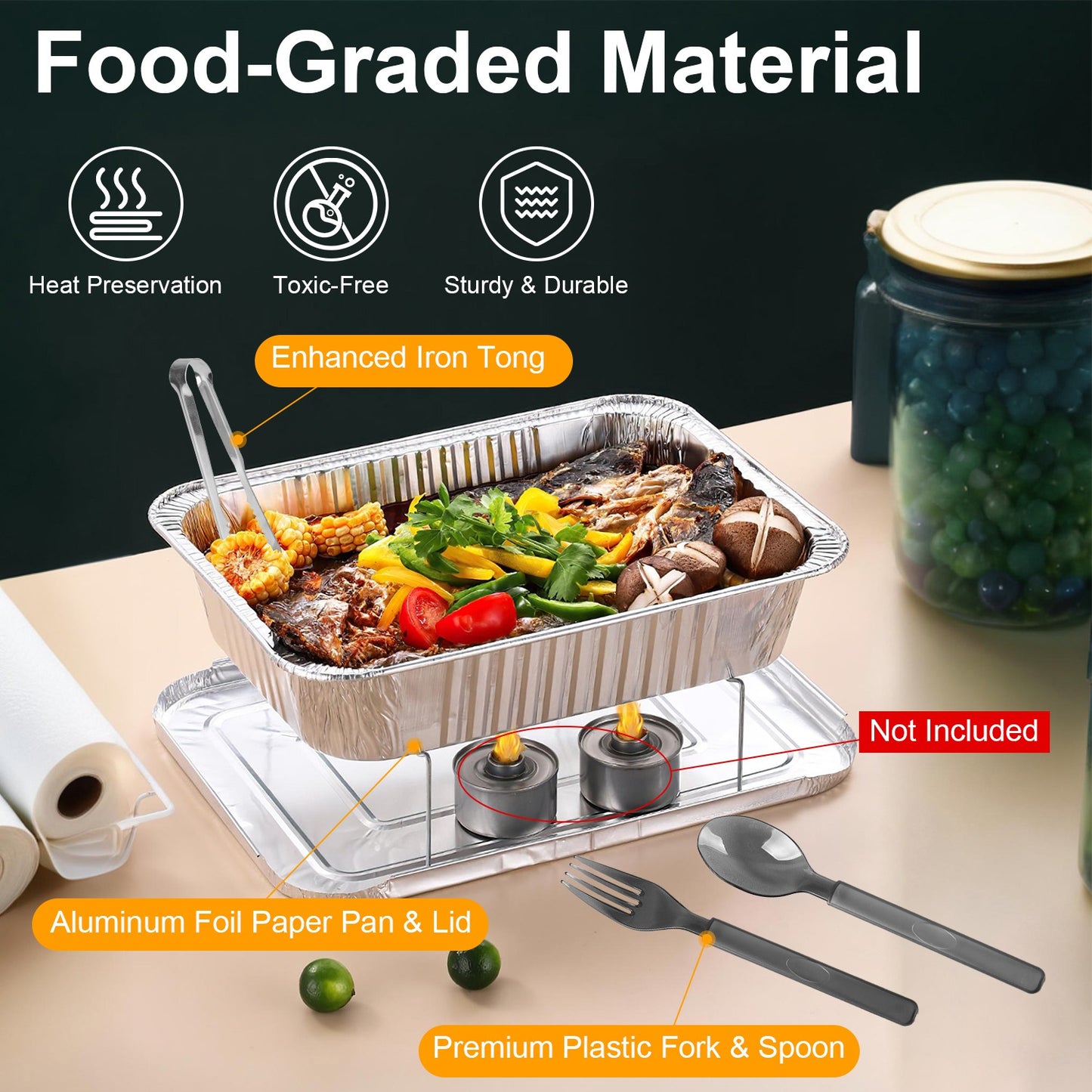 US Local 36Pcs Per Set Disposable Chafing Dish Buffet Set Food Warmers For Party Buffet Server Catering Supplies With Covers Utensils Half Size Food Pans For Parties Events BBQ Catering