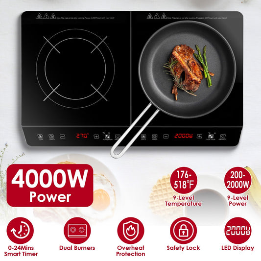 US Local 1Pc 4000W Induction Cooktop Portable Double Induction Cooker Electric Dual Burner Stove Countertop Hot Plate With 9 Power 9 Temperature 3H Timer