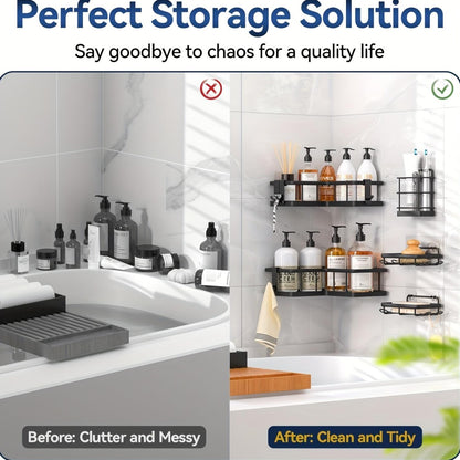 US Local Corner Shower Storage Rack Rust-proof Punch-Free Shower Storage Rack With Soap Holder And Removable Hooks
