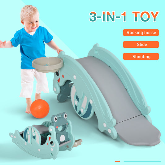 US Local 3-in-1 Kids Portable Slide Rocking Horse Toy with Basketball Hoop for Age 1.5-3 Boys and Girls