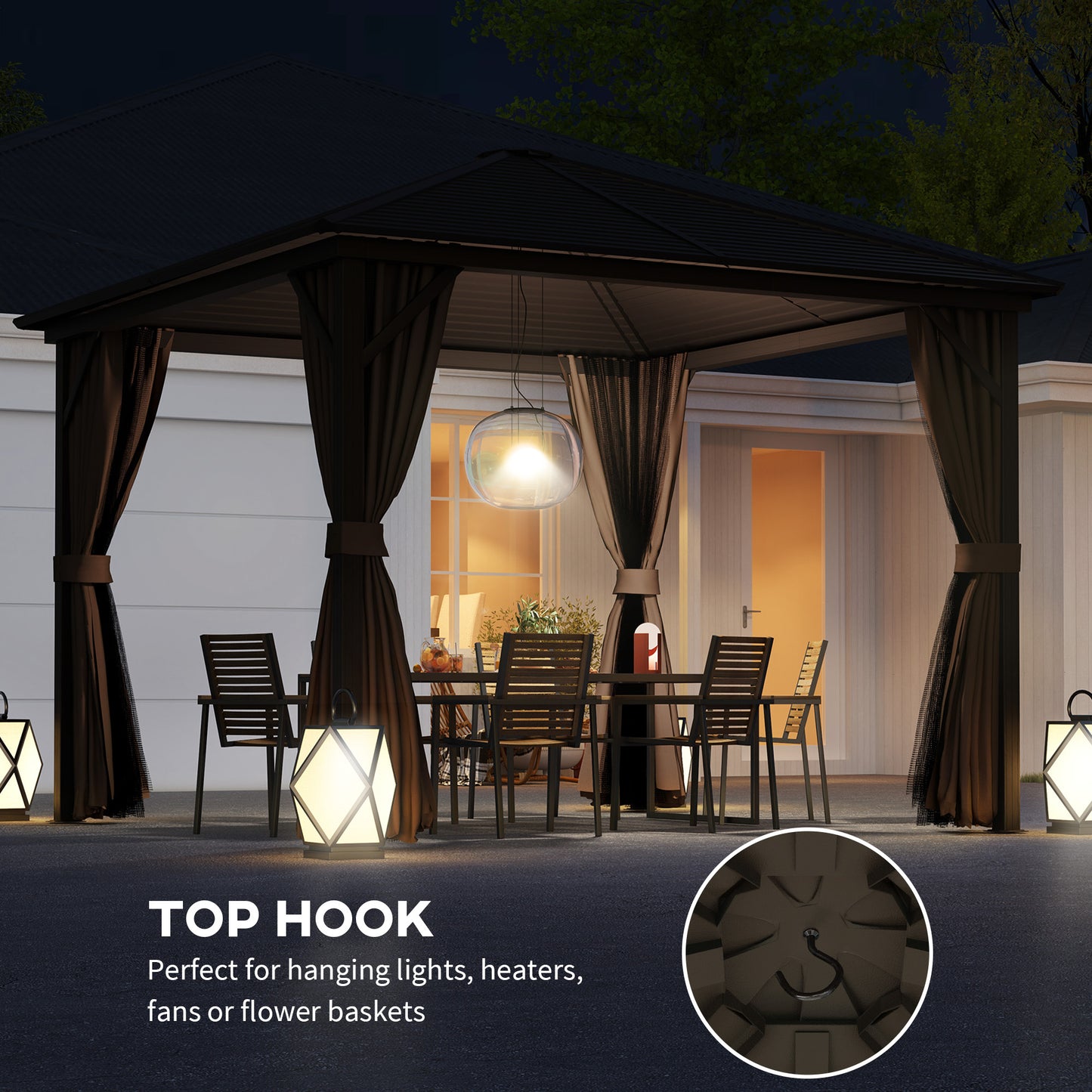 US Local 10x10 Hardtop Gazebo Canopy, Permanent Pavilion With Hook, Curtains, Aluminum Frame For Patio, Garden, Dark Brown