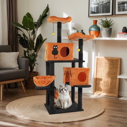 US Local Halloween Cat Tree, Large Cat Tower With 2 Spacious Cat Condos, 2 Padded Perches, 2 Hammocks, Scratching Posts, Hanging Toy, Multi-Level Cat Activities Furniture For Large Cats, Orange & Black