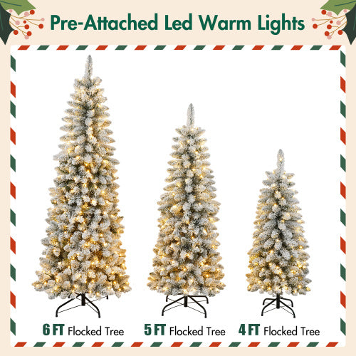US Local 3 Pcs Flocked Artificial Christmas Tree Set With Lights, 4ft 5ft 6ft Christmas Snow Tree Set, Christmas Decor