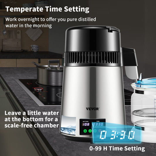 US Local 1.1 Gal Water Distiller, 0.3 Gal H, 750W Distilled Water Maker Machine 0-99H Timing Set Temp Display, 304 Stainless Steel Countertop Distiller Glass Carafe Cleaning Powder 3 Carbon Packs, Silver