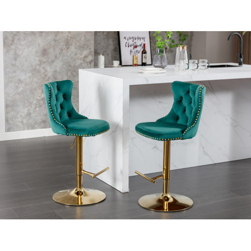 US Local Golden Swivel Velvet Barstools Adjusatble Seat Height From 25-33 Inch Green,Set Of 2