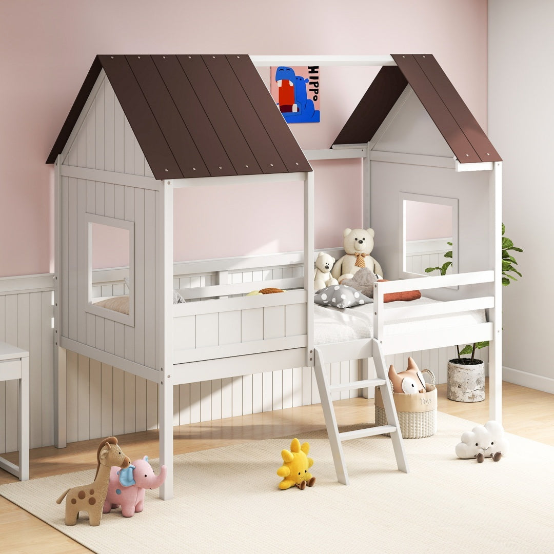 US Local Wooden Toddler Floor Bed With Window, Detachable Roof, 2-Step Ladder & Safety Guardrail, Montessori Kids Loft Bed---A-B Combo Sale, Please Do Not Purchase Individually