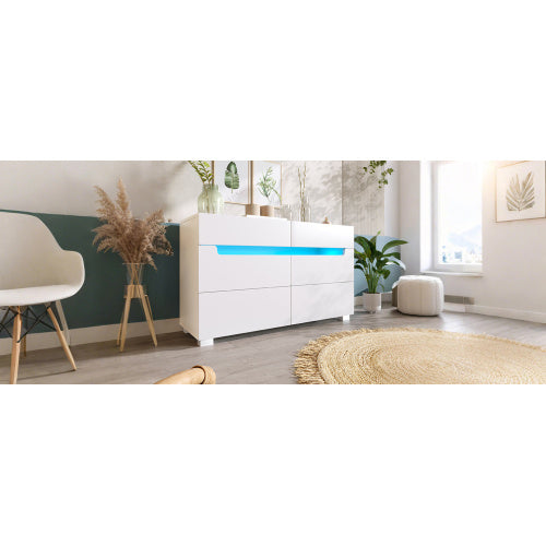 UK Local Sideboard Cabinet Dresser With 6 Drawers,Storage With RGB LED App Control, Sideboard With Cut-out Handles, 6-drawers Chest Of Drawers, 71 X 120 X 40 Cm, White