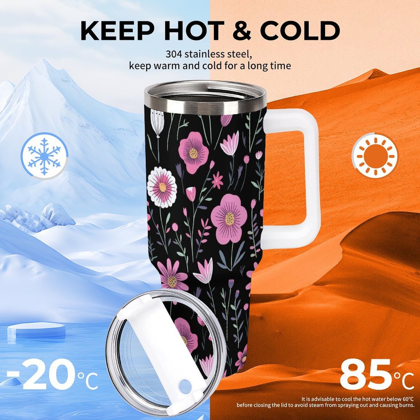 PHDT00211 POD US Local Tumbler 40oz Large Capacity Car Cup Flower Branches, Pink, Black