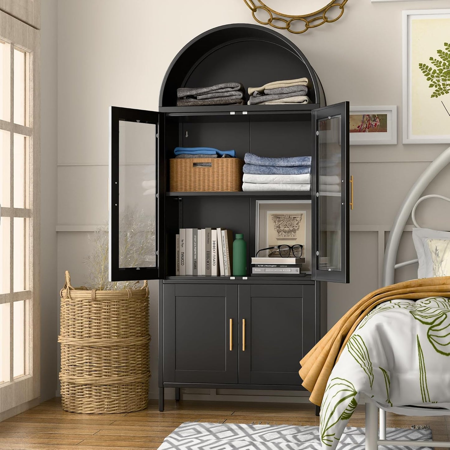 US Local Arched Kitchen Pantry Storage Cabinet With Doors Shelves, Black Arched Bookcase Display Cabinet For Home Office Bar Living Room, Assemble Require