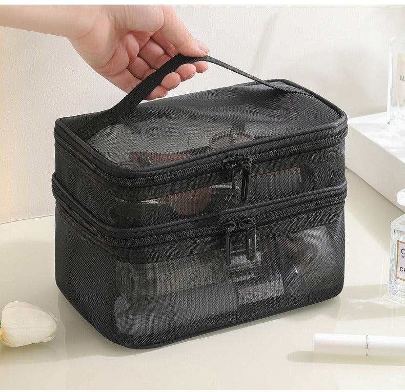 US Local 2pcs Double Layer Mesh Yarn Toiletry Bag Portable Travel Cosmetic Storage Bag In Black And Grey For Business Trips Large Capacity Travel Cosmetic Storage Bag