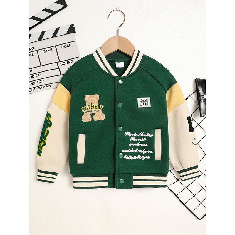 US Local Toddler Kids Girls Boy's Trendy Embroidery Letters Print Jacket Baseball Collar Sports Casual Coat Children's Wear