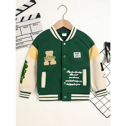 US Local Toddler Kids Girls Boy's Trendy Embroidery Letters Print Jacket Baseball Collar Sports Casual Coat Children's Wear