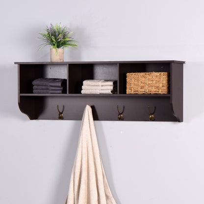 US Local Espresso Entryway Wall Mounted Coat Rack With 4 Dual Hooks Living Room Wooden Storage Shelf