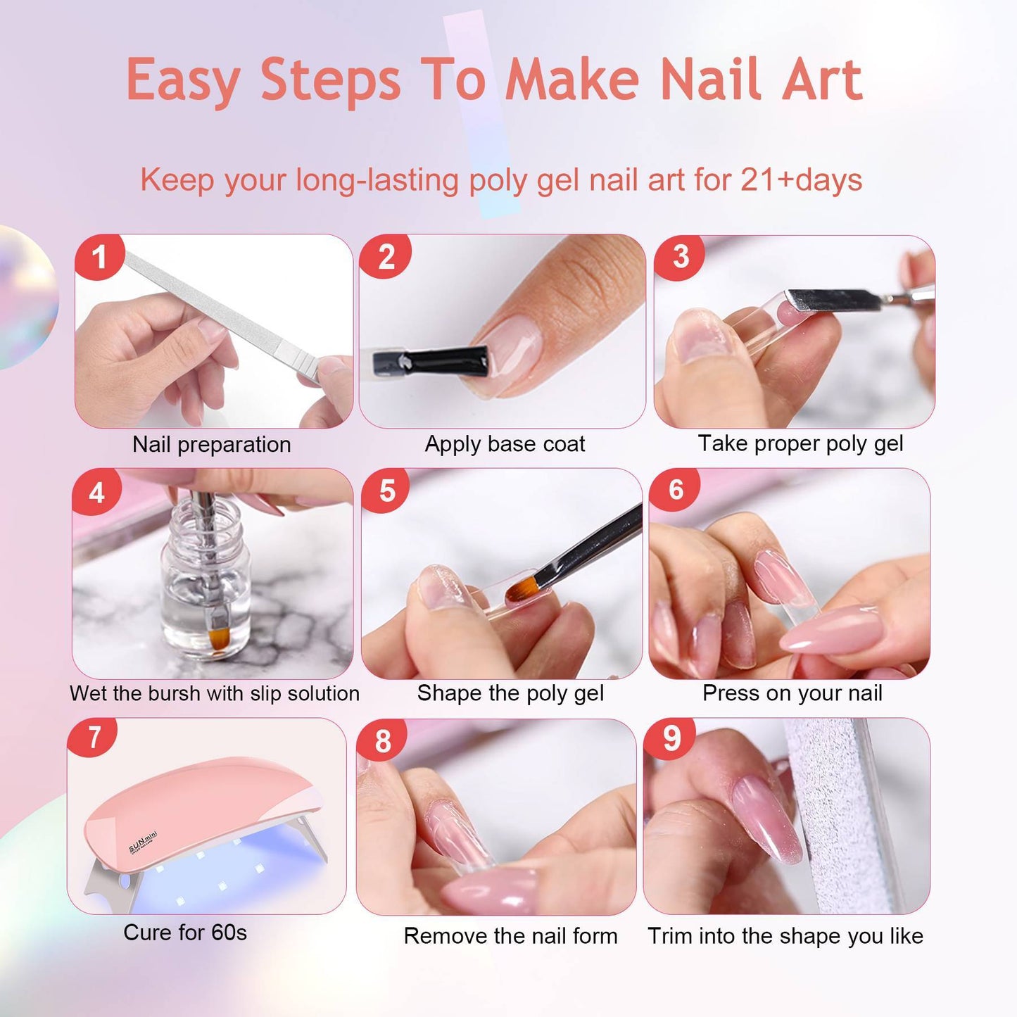 US Local 6 PCS Poly Gel Nail Kit With UV Lamp, Top Base Coat Builder Nails Art Tools