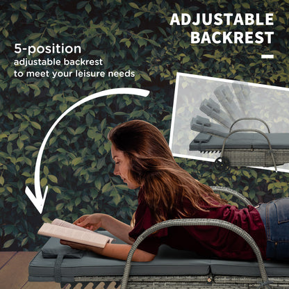 US Local Outdoor Chaise Lounge, 5-Level Adjustable Backrest Rattan Pool Lounge Chair With Wheels, Cushion & Headrest, Black