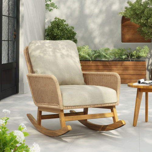 US Local Contemporary Minimalist Ivory Wicker Rocking Chair With Soft Polyester Cushions And Durable Wooden Frame, Perfect For Indoor And Outdoor Spaces Like Patio, Balcony, Or Living Room