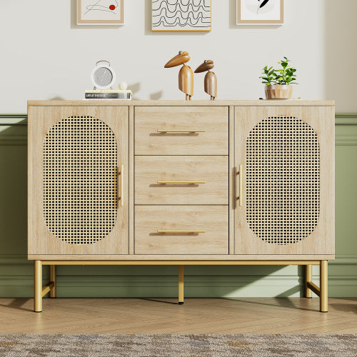 UK Local Rattan Sideboard Storage Cabinet With 2 Doors 3 Drawers, Storage Cabinet For Living Room, Bedroom, And Hallway, Metal Handles, Adjustable Shelves, Anti-Tip, 120 X 40 X 74 Cm, Oak