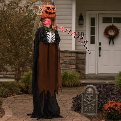 US Local 5.6ft Halloween Decorations Outdoor Life Size Animatronics Ghost With Pumpkin Head, Sound-Actived Party Decor With Creepy Sound , Scary Haunted House Props For Garden Yard Lawn