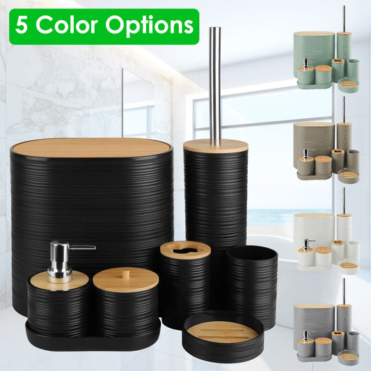 US Local 5 Colors Options -- Set Of 8Pcs Bathroom Accessories Set Bathroom Holder Set With Soap Dispenser Toothbrush Holder Cup Soap Dish Toilet Cleaning Brush Trash Can Qtip Holder Vanity Tray For Home