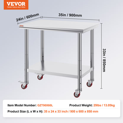 US Local VEVOR Stainless Steel Work Table 36x24 Inch With 4 Wheels Commercial Food Prep Worktable With Casters Heavy Duty Work Table For Commercial Kitchen Restaurant