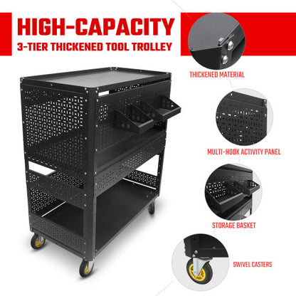 US Local 3-Tier DIY Detachable Utility Cart Storage Tool Cart With Steel Pegboard, Foldable Rolling Tool Cart With Wheels For Garage Organizer And Tool Storage