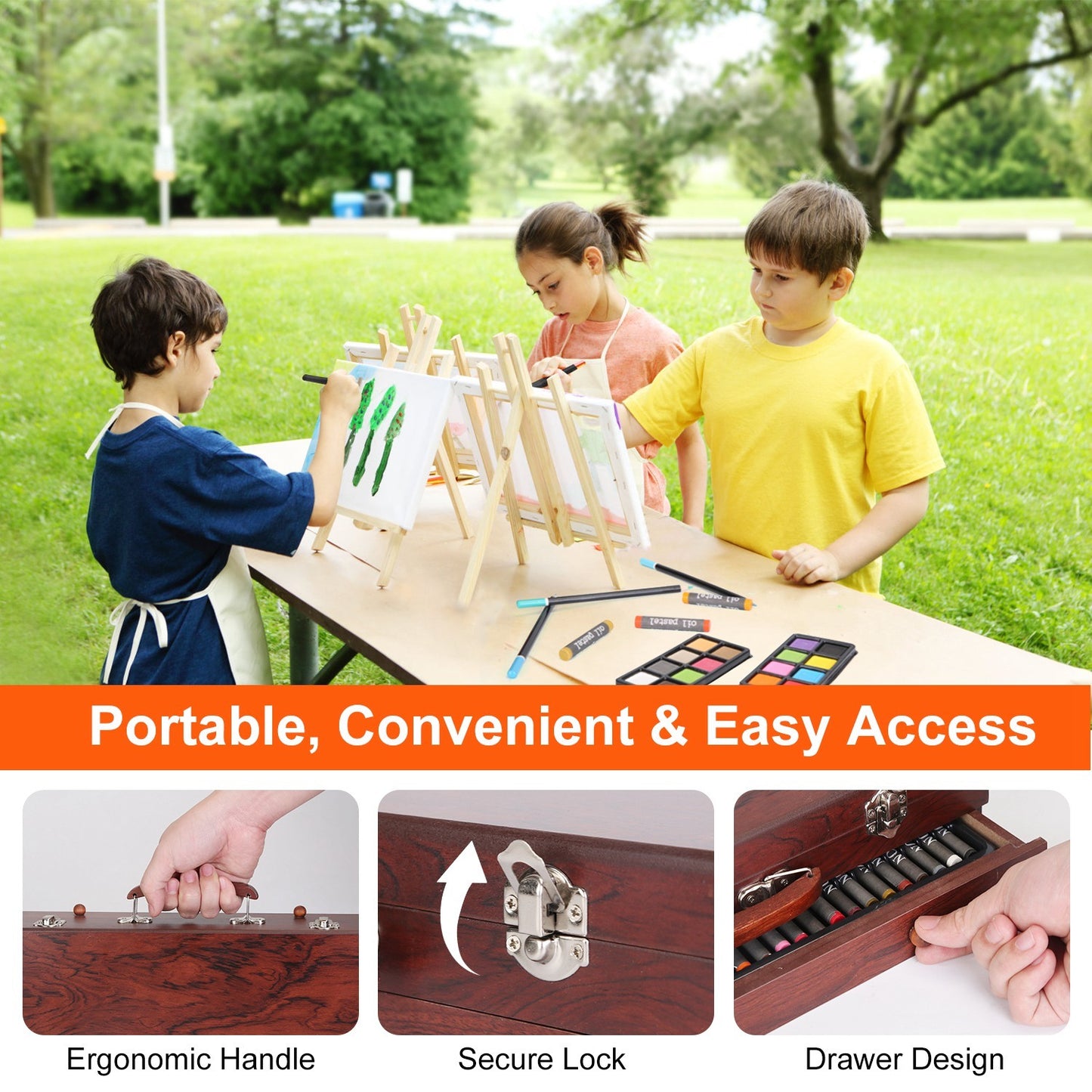 US Local 140Pcs Art Supplies With Colored Pencils Oil Pastels Crayons, Watercolor Cakes Brushes Sharpener Eraser In Elegant Wooden Box Professional Art Kit For Kids Adults Beginners Pros