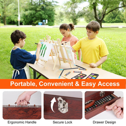 US Local 140Pcs Art Supplies With Colored Pencils Oil Pastels Crayons, Watercolor Cakes Brushes Sharpener Eraser In Elegant Wooden Box Professional Art Kit For Kids Adults Beginners Pros