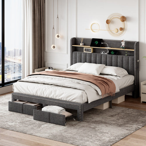 UK Local 4ft6 Double Upholstered Bed With 2 Storage Drawers, Riveted Storage Bed With Charging And Lighting, Linen Platform Bed Frame No Box Spring Needed, Easy Assembly, Grey No Mattress