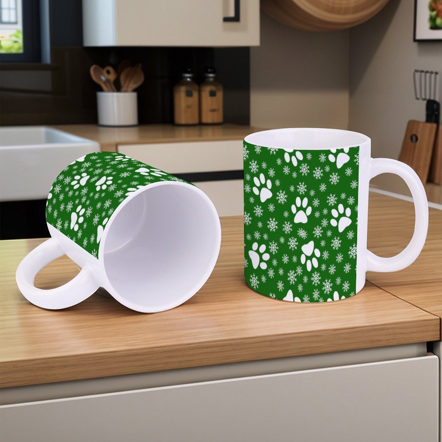 POD US Local White mug with full print, Christmas Snowflakes Cats Dogs Paws Green 0028