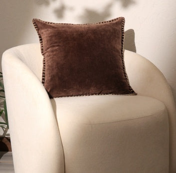 US Local Stonewashed Cotton Velvet Throw Pillow With Decorative Handstiched Edges-19X19 Inch