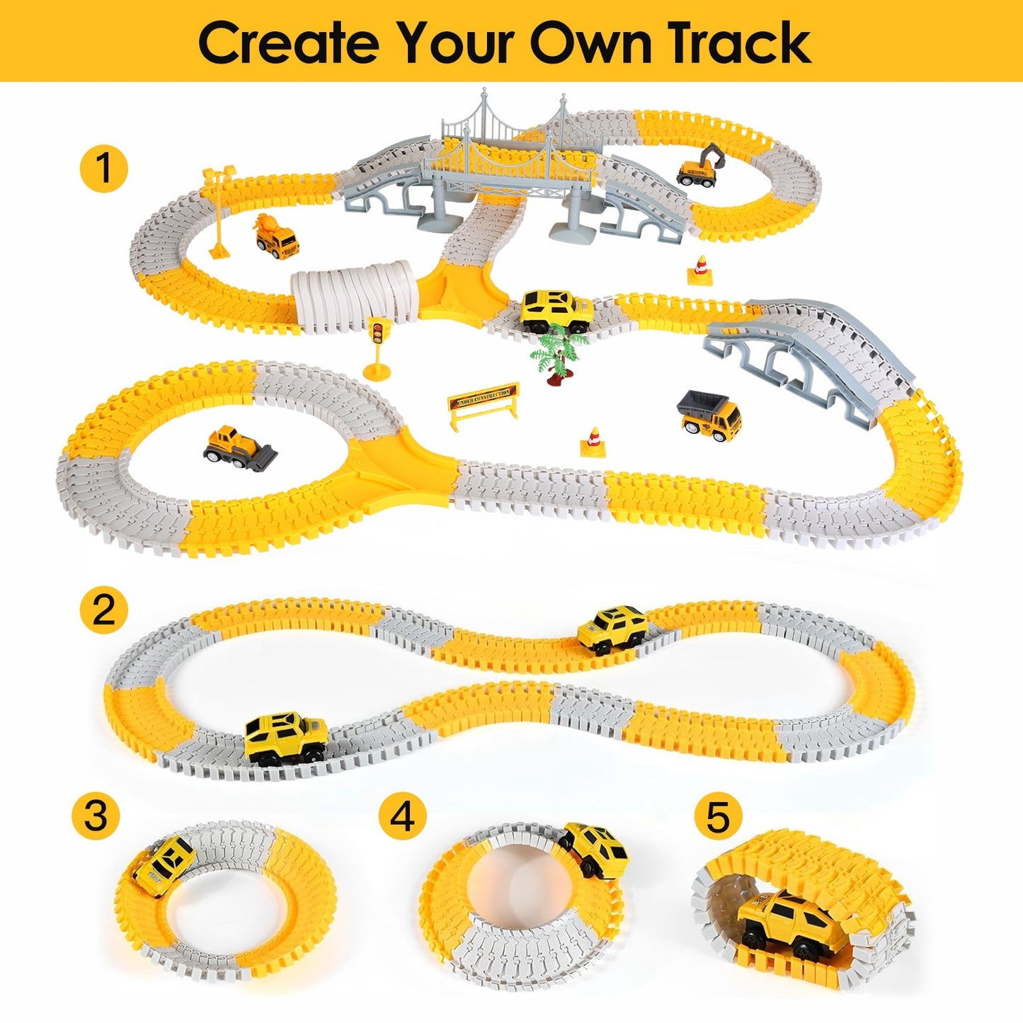 US Local 1Pc 340Pcs Construction Race Track Set Kids DIY Construction Toys STEM Flexible Car Track Playset Gift For Toddlers Boys Aged 3 4 5 6 Year Old