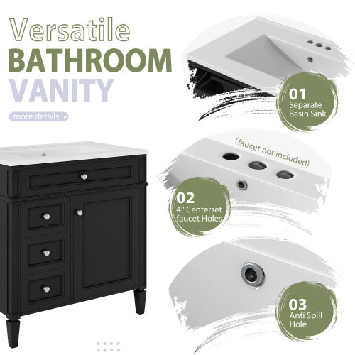 US Local 30'' Bathroom Vanity With Top Sink, Modern Bathroom Storage Cabinet With 2 Drawers And A Tip-out Drawer, Freestanding Vanity Set With Mirror Cabinet, Single Sink Bathroom Vanity