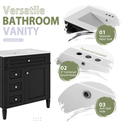 US Local 30'' Bathroom Vanity With Top Sink, Modern Bathroom Storage Cabinet With 2 Drawers And A Tip-out Drawer, Freestanding Vanity Set With Mirror Cabinet, Single Sink Bathroom Vanity