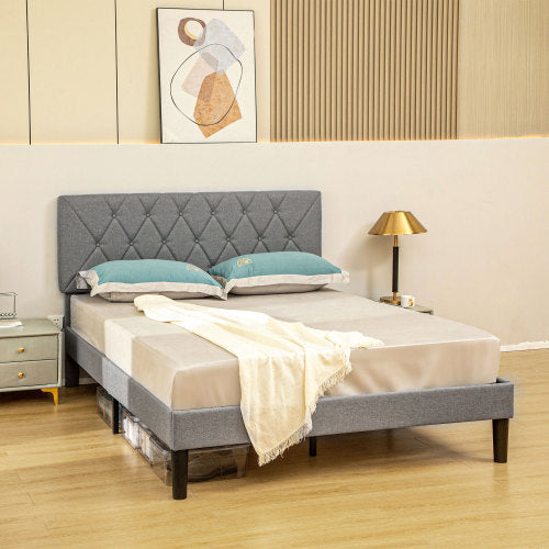 UK Local HOMCOM Double Bed Frame With 5-Level Adjustable Linen Upholstered Headboard, Wooden Slats Mattress Foundation, No Box Spring Needed, Grey