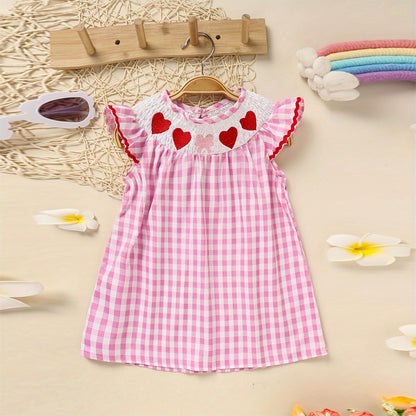 US Local Toddler Girl's Short Sleeve Checkered Dress, Heart Embroidery & Ruffle Detail With Back Button Closure