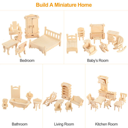 US Local 3D Wooden Dollhouse Furniture Puzzles DIY Miniature Furniture Models Set