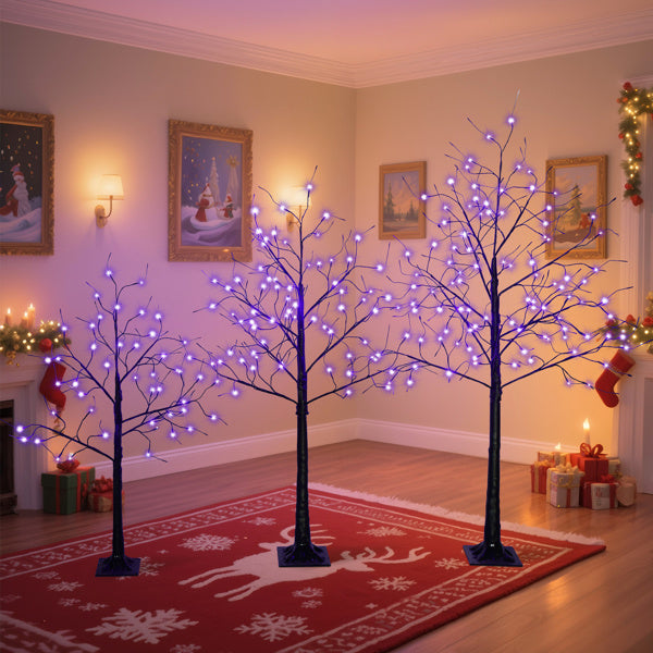 Set Of 3 Halloween Ghost Trees With Purple Lights, 4 Feet, 5 Feet, And 6 Feet, Black Glowing Trees For Halloween Decoration