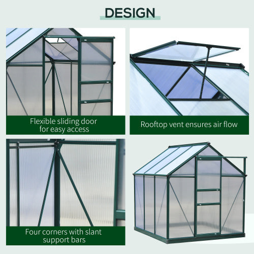 UK Local Outsunny 6 X 6ft Polycarbonate Greenhouse, Large Walk-In Green House With Slide Door And Window, Garden Plants Grow House With Aluminium Frame And Foundation, Dark Green