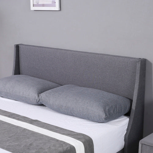 UK Local Double Bed Soft Linen Grey 4FT6 Upholstered Bed With Winged Headboard, Wood Slat Support