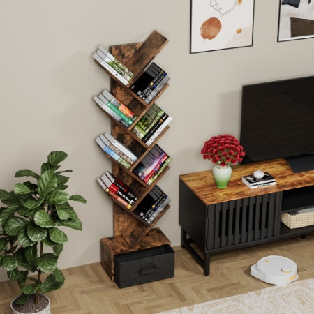 US Local 9 Tier Tree Bookshelf With Drawer Bookcase, Modern Book Storage, Free Standing Tree Bookcase, Utility Organizer Shelves For Home Office, Living Room, Bedroom, Rustic Brown