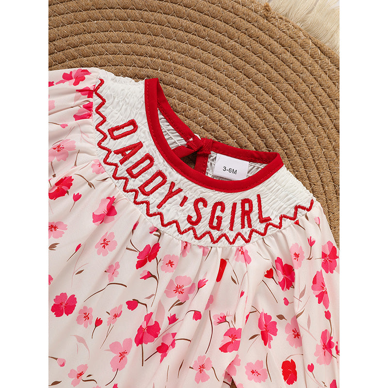 US Local Infant Girls' Floral Smocked Romper 'DADDY'S Girl' Embroidery Short Sleeve Crew Neck Adorable Princess Party Bodysuit