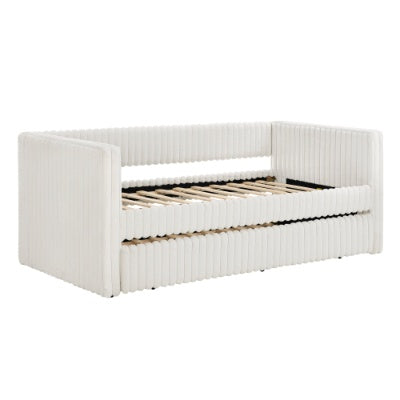 US Local Twin Size Daybed, Upholstered Sofa Bed,The Bottom Pulls Out To Form A Bed ,Striped Corduroy Fabric- Beige 86x43.5x34